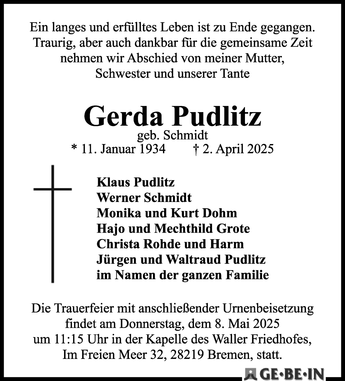 Traueranzeige von Gerda Pudlitz von WESER-KURIER