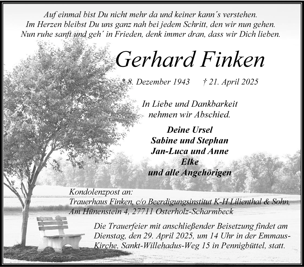 Traueranzeige von Gerhard Finken von Osterholzer Kreisblatt