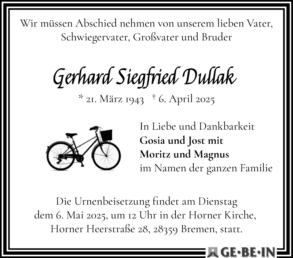 Traueranzeige von Gerhard Siegfried Dullak von WESER-KURIER