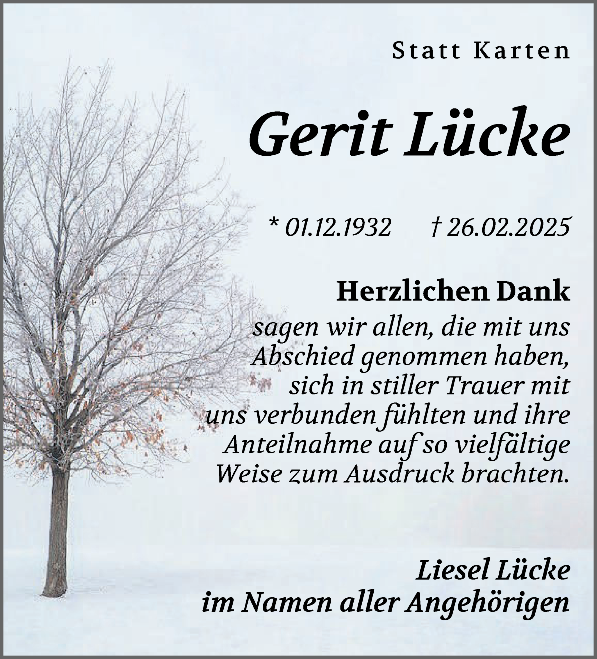 Traueranzeige von Gerit Lücke von WESER-KURIER