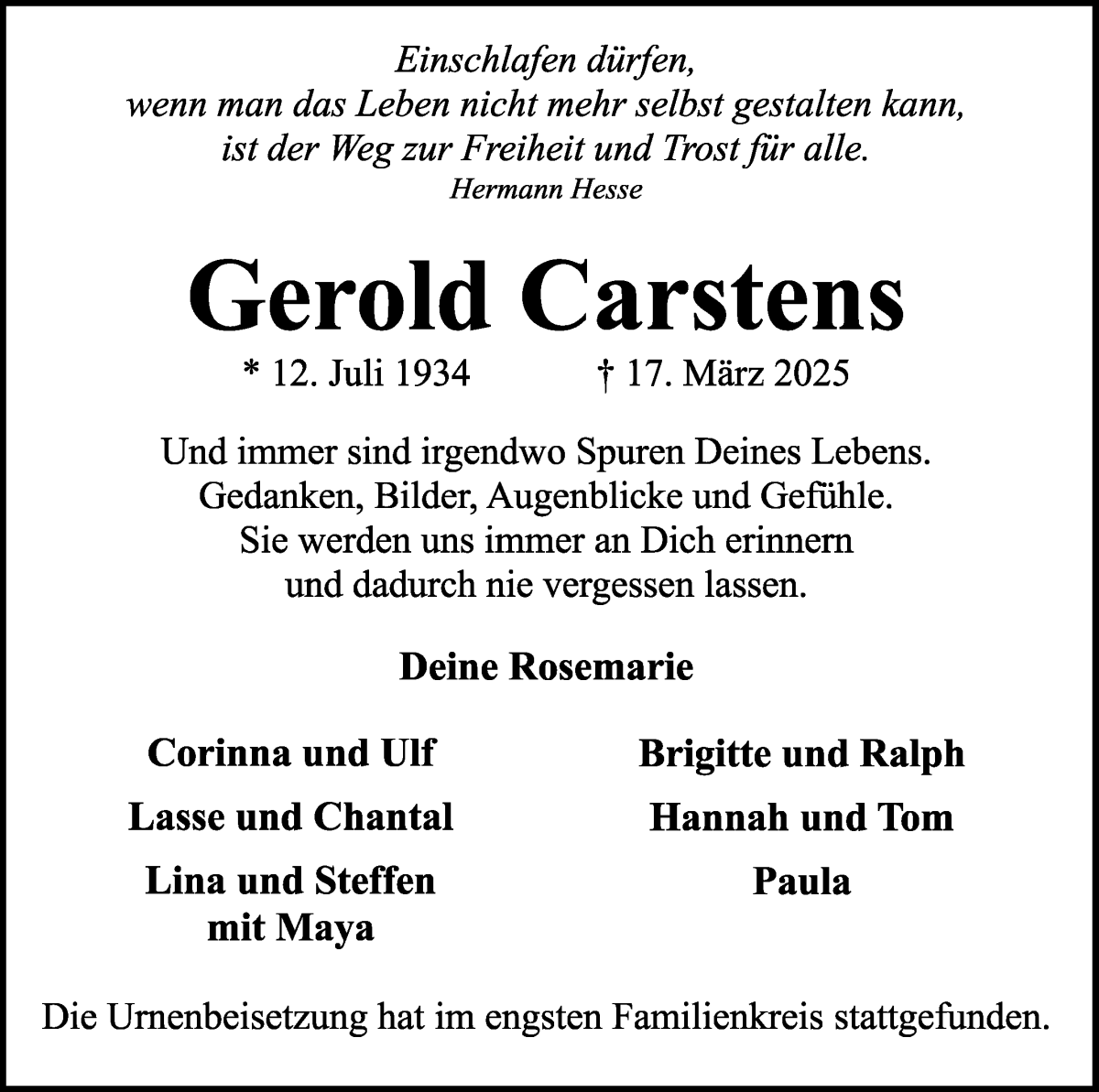 Traueranzeige von Gerold Carstens von WESER-KURIER