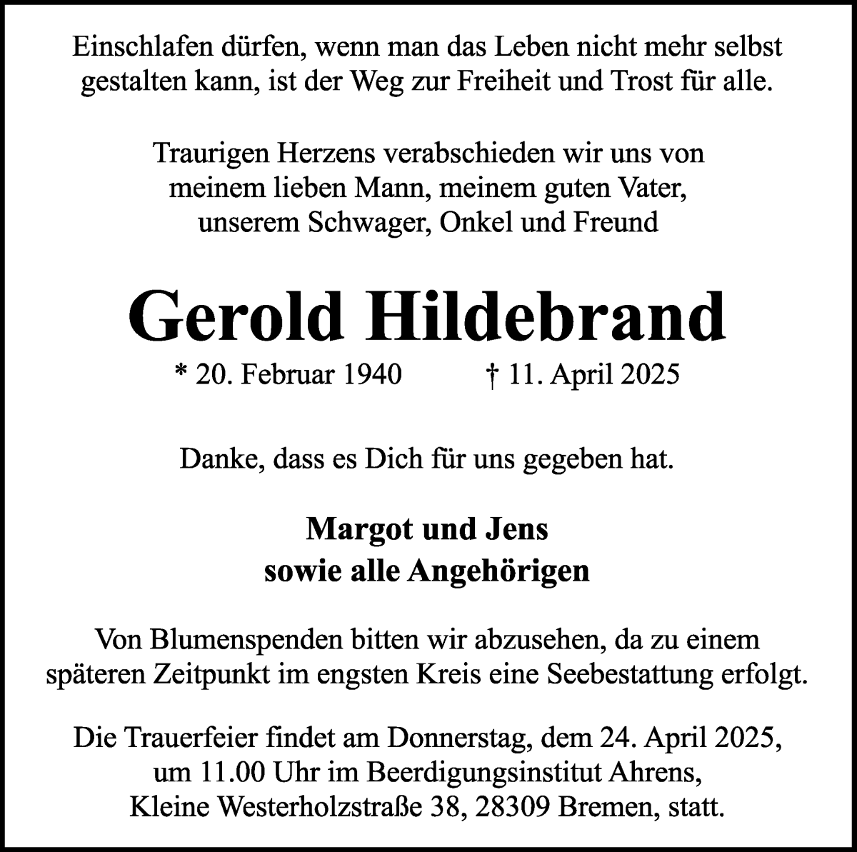 Traueranzeige von Gerold Hildebrand von WESER-KURIER