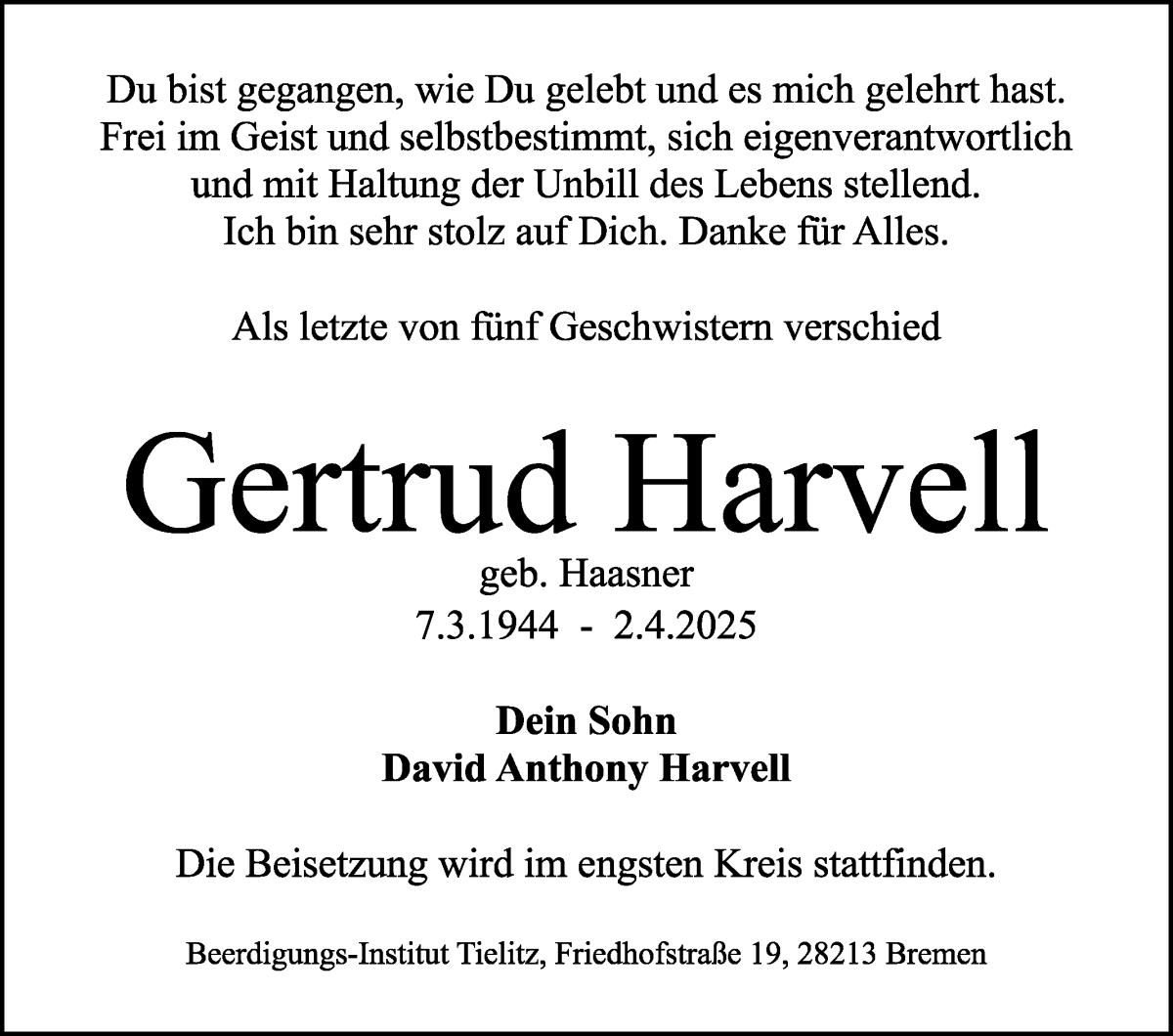 Traueranzeige von Gertrud Harvell von WESER-KURIER