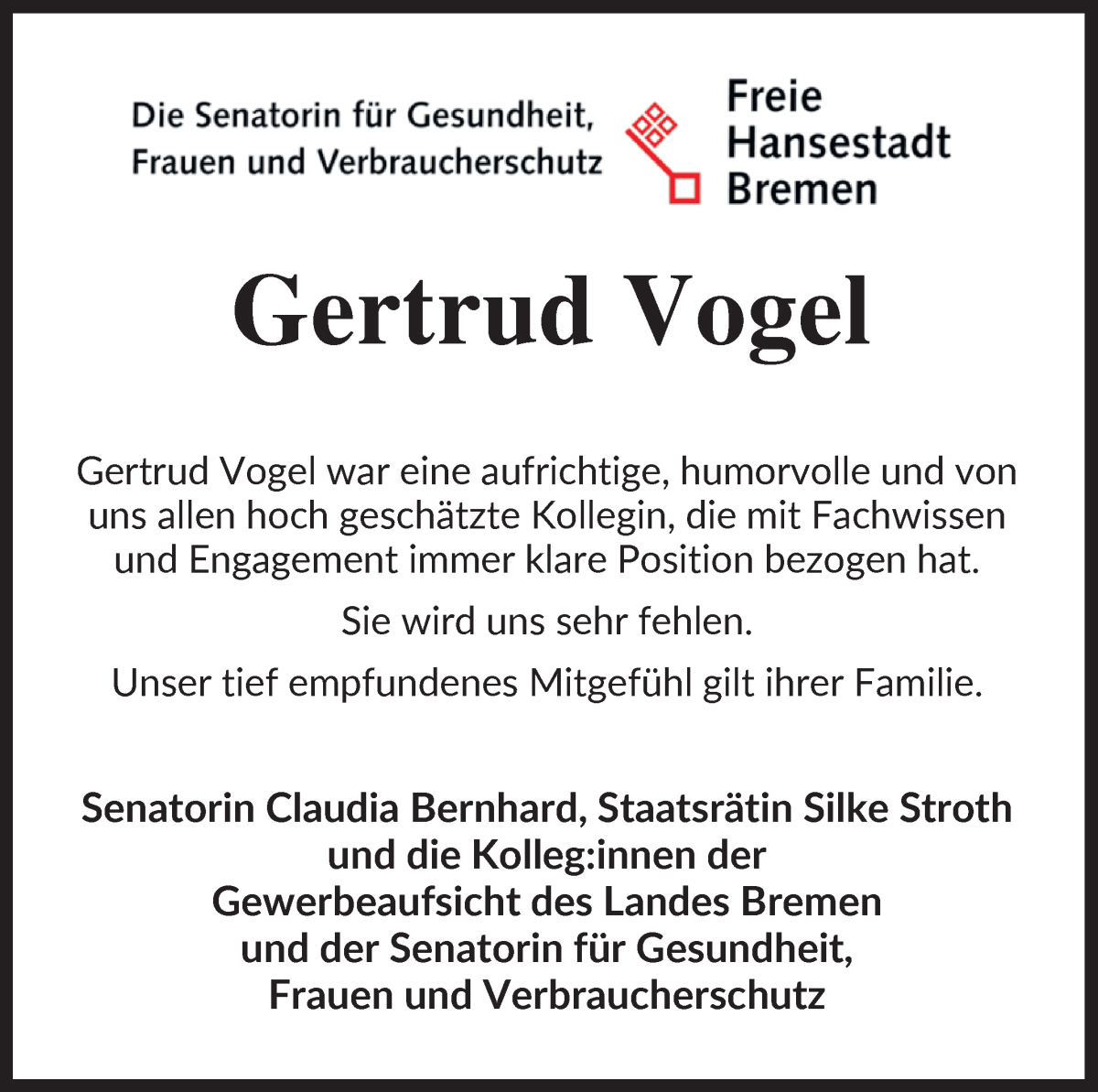 Traueranzeige von Gertrud Vogel von WESER-KURIER