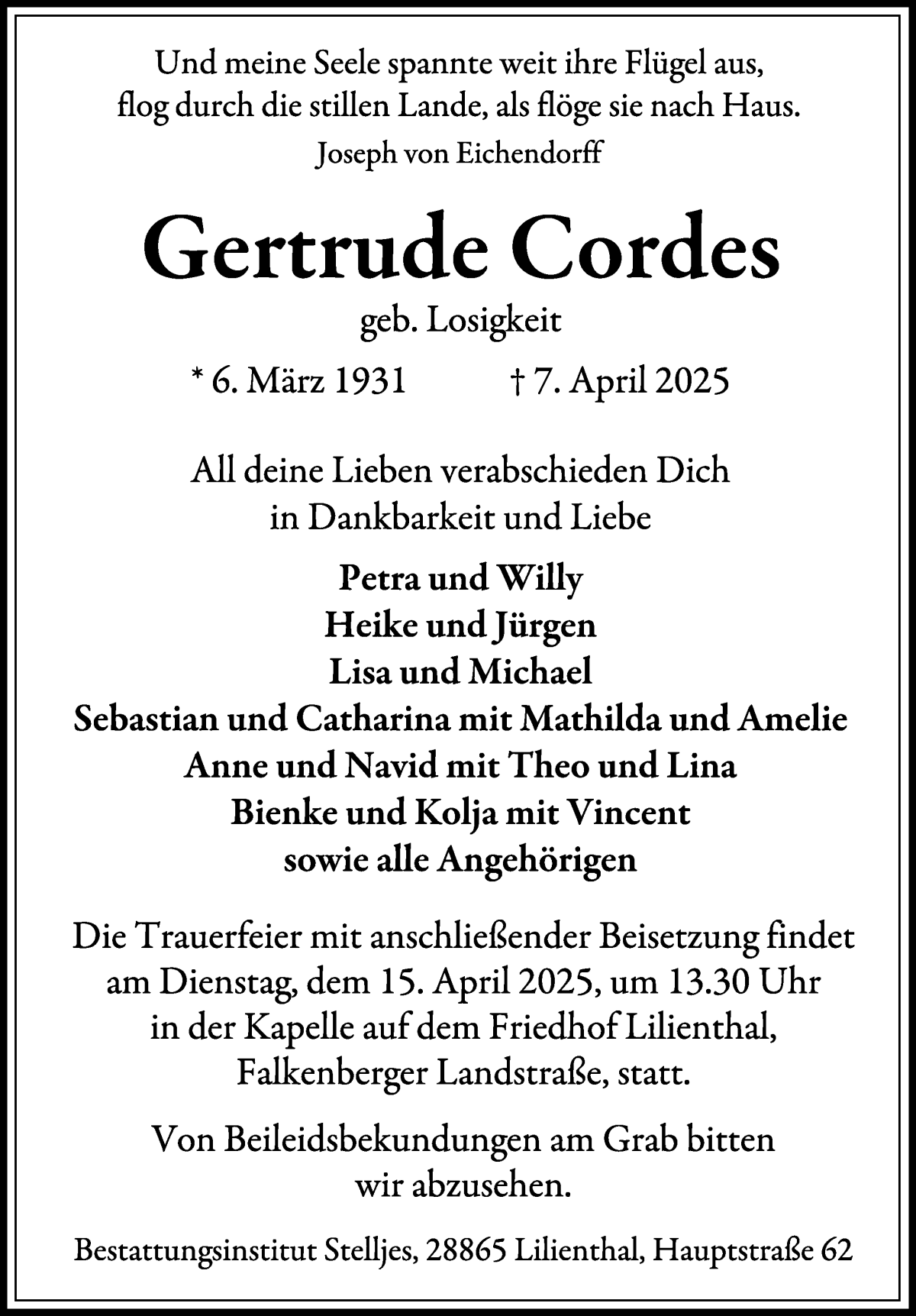 Traueranzeige von Gertrude Cordes von Wuemme Zeitung