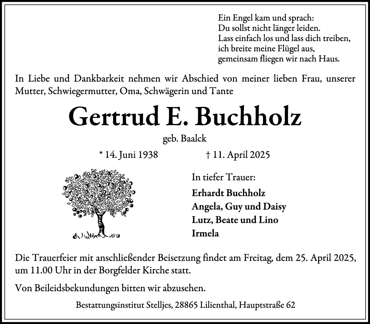 Traueranzeige von Gertrud E. Buchholz von Wuemme Zeitung