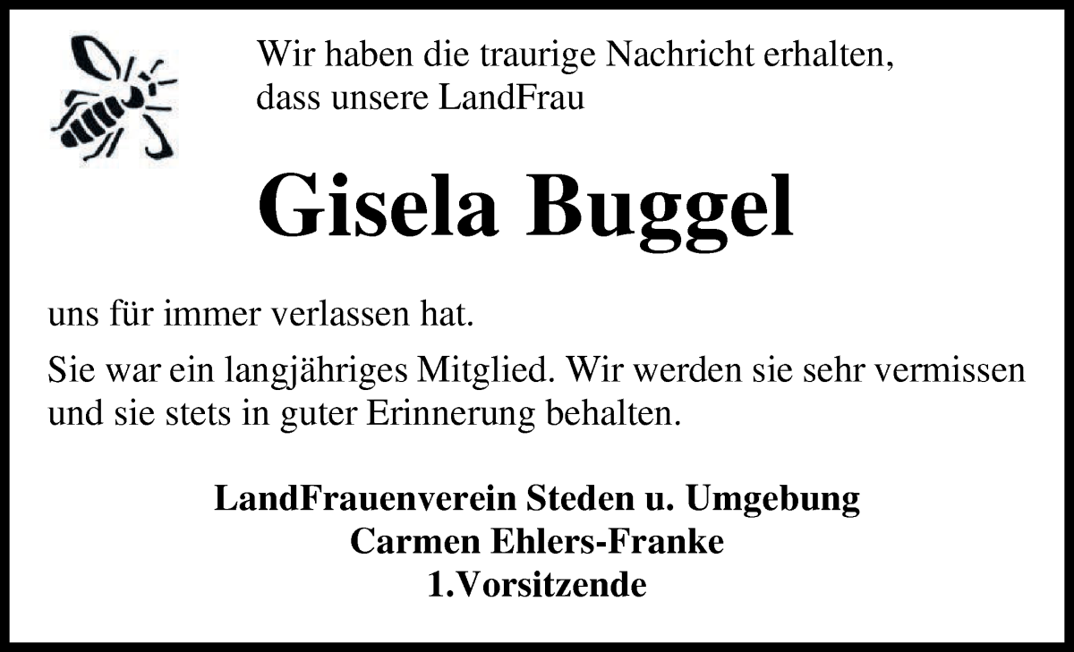 Traueranzeige von Gisela Buggel von Osterholzer Kreisblatt