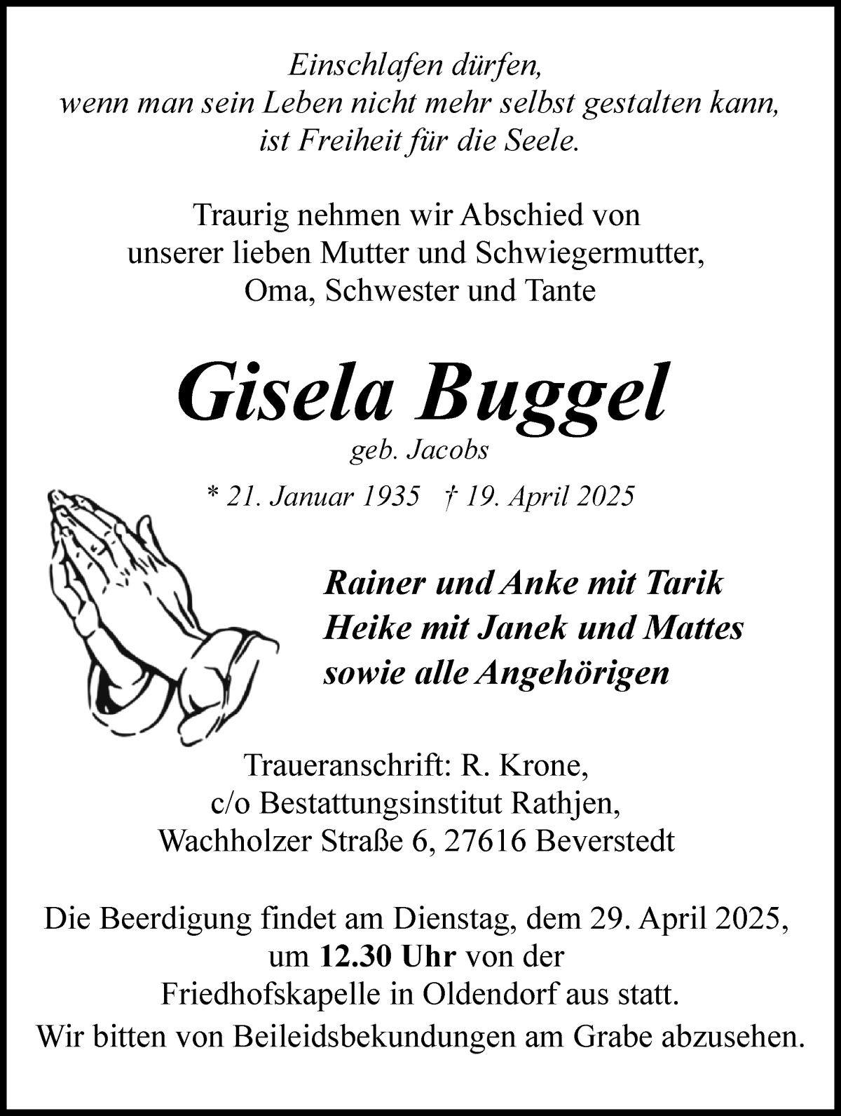 Traueranzeige von Gisela Buggel von Osterholzer Kreisblatt
