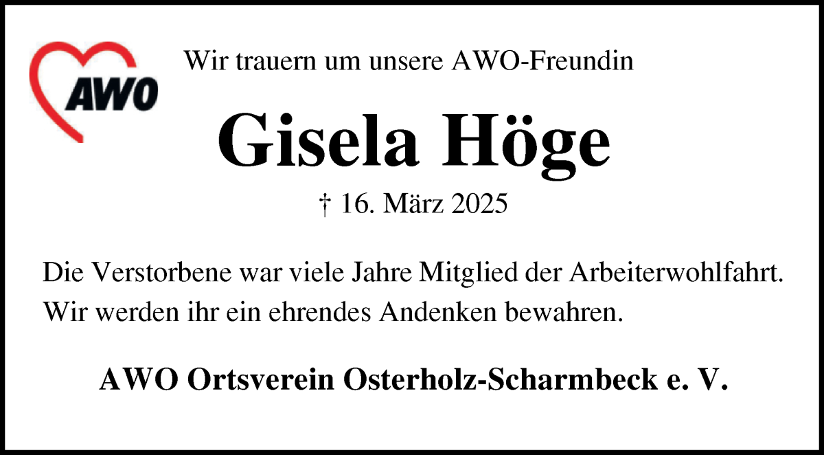 Traueranzeige von Gisela Höge von Osterholzer Kreisblatt
