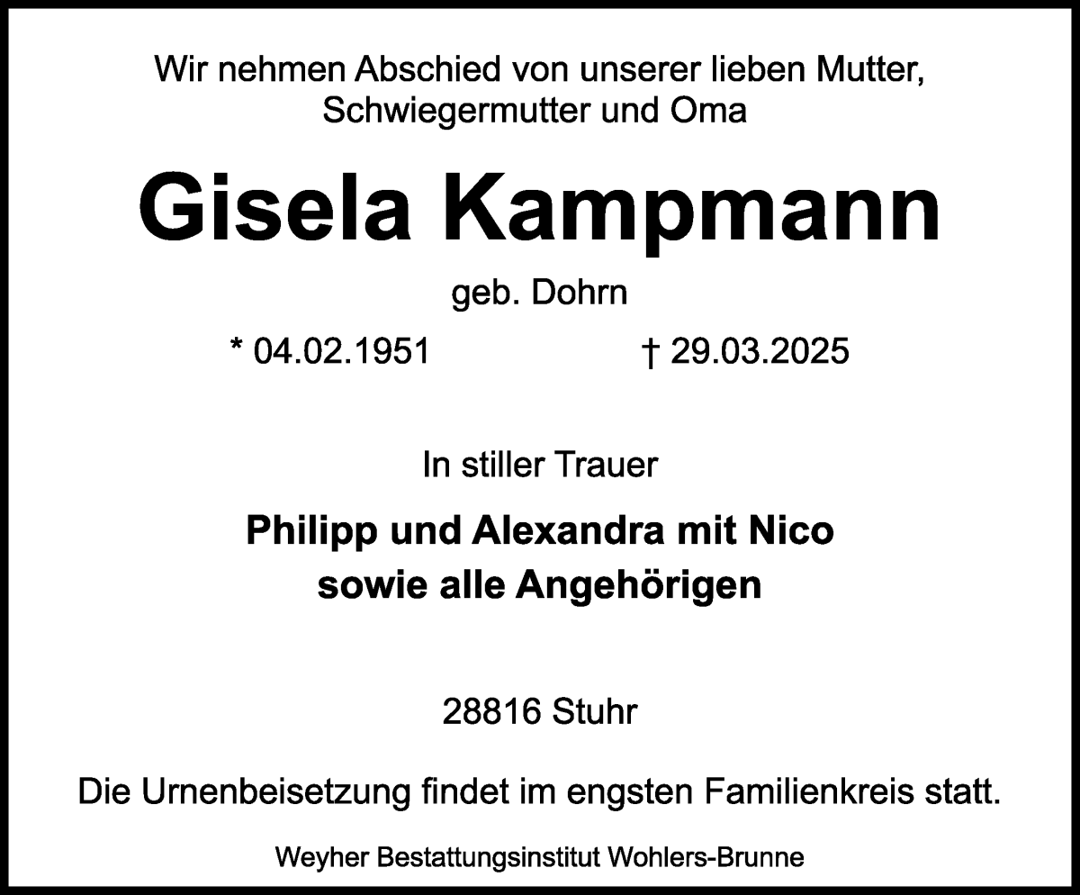 Traueranzeige von Gisela Kampmann von Regionale Rundschau/Syker Kurier
