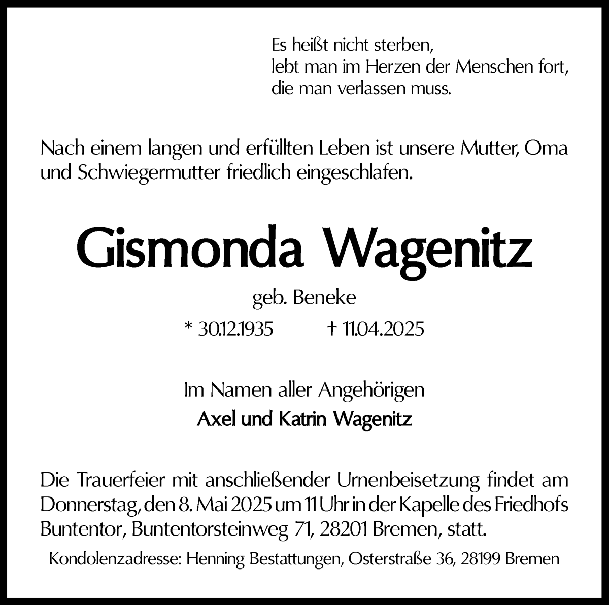 Traueranzeige von Gismonda Wagenitz von WESER-KURIER