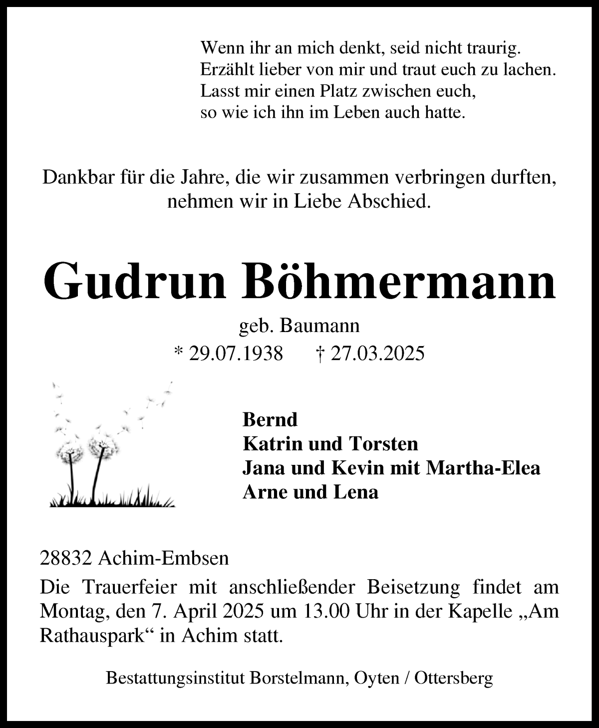 Traueranzeige von Gudrun Böhmermann von Achimer Kurier/Verdener Nachrichten