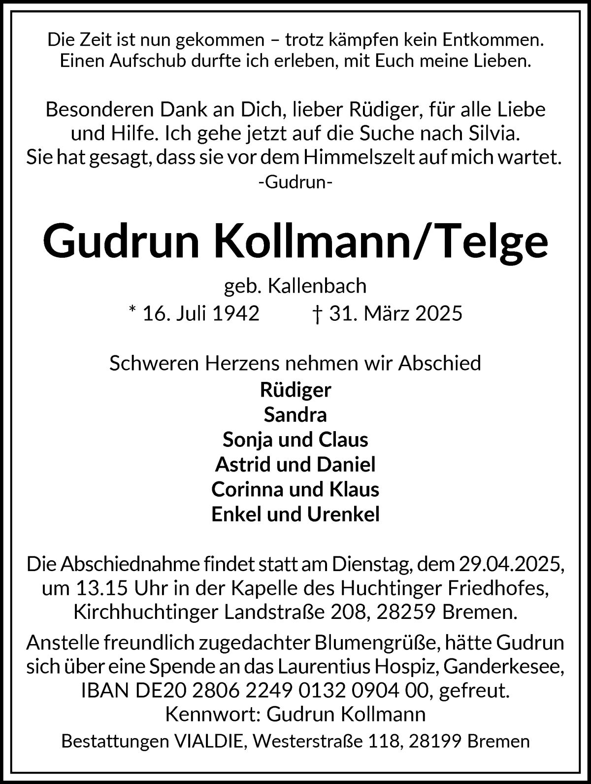 Traueranzeige von Gudrun KollmannTelge von WESER-KURIER