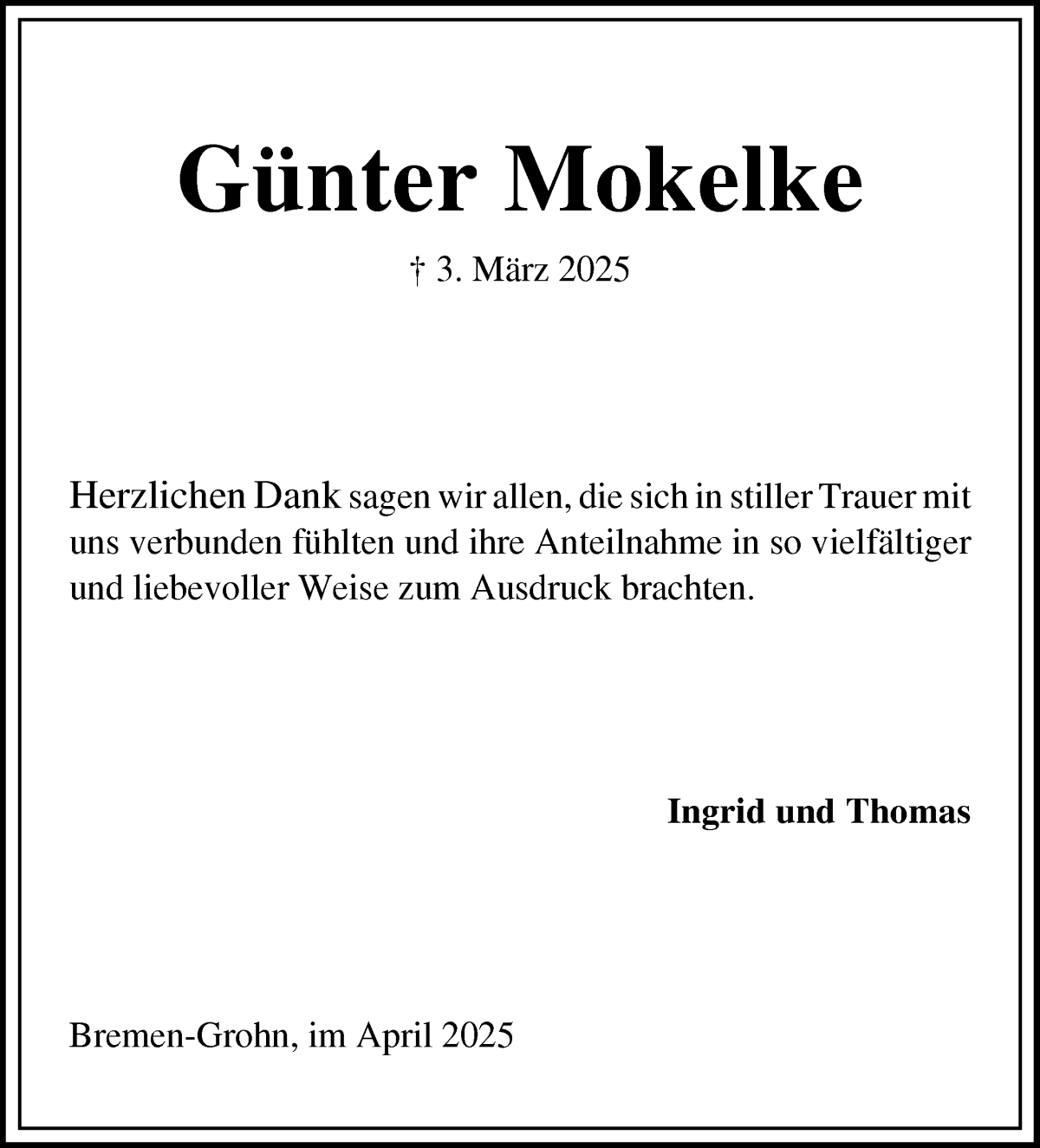 Traueranzeige von Günter Mokelke von Die Norddeutsche