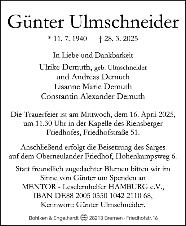 Traueranzeige von Günter Ulmschneider von WESER-KURIER