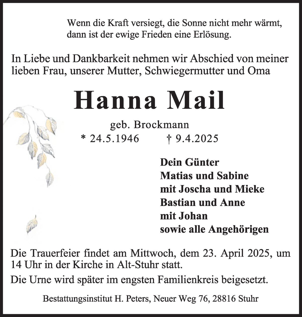 Traueranzeige von Hanna Mail von WESER-KURIER