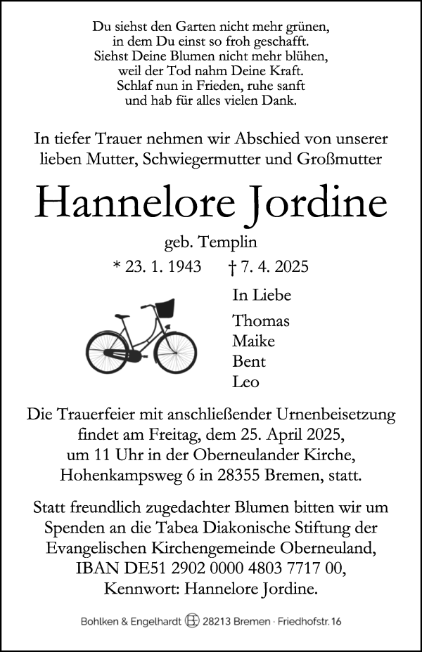 Traueranzeige von Hannelore Jordine von WESER-KURIER