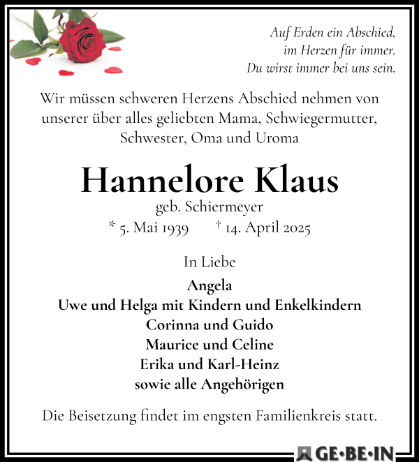 Traueranzeige von Hannelore Klaus von WESER-KURIER