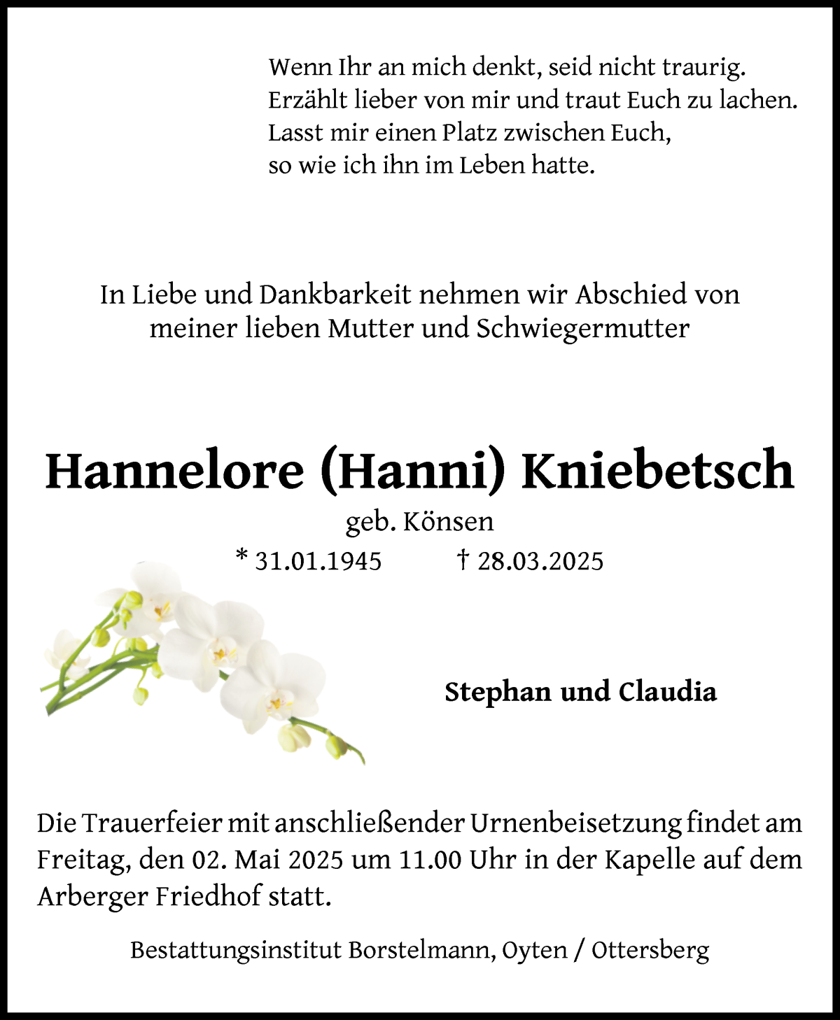 Traueranzeige von Hannelore Kniebetsch von WESER-KURIER