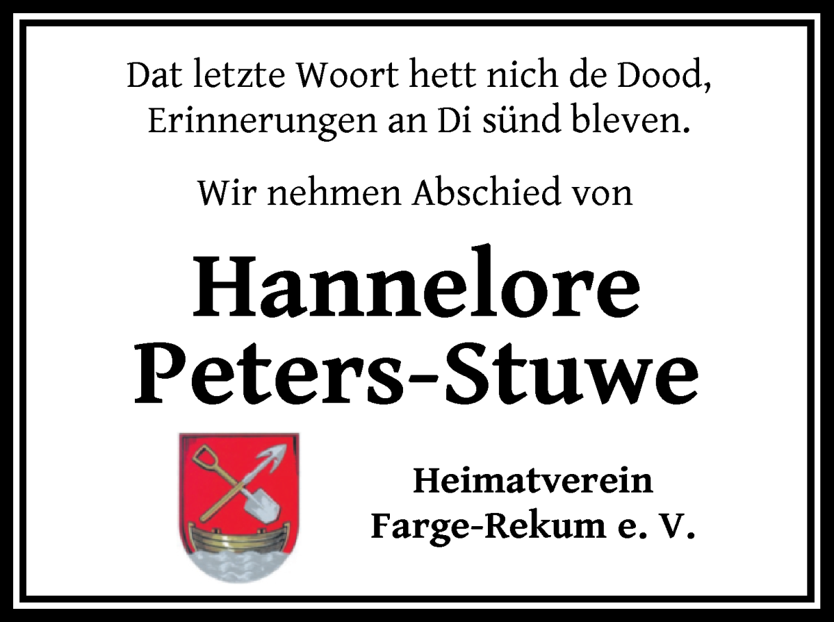 Traueranzeige von Hannelore Peters-Stuwe von Die Norddeutsche