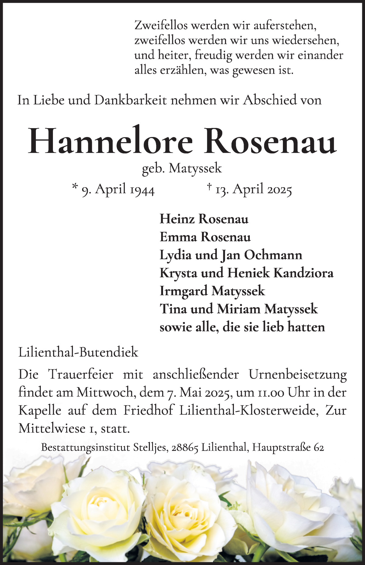 Traueranzeige von Hannelore Rosenau von Wuemme Zeitung