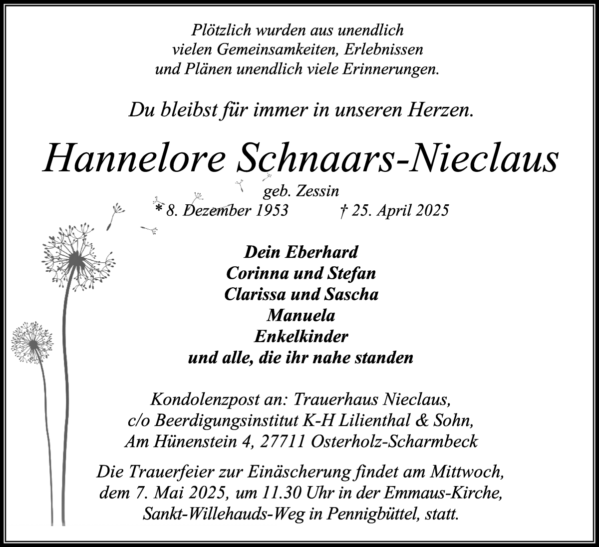 Traueranzeige von Hannelore Schnaars-Nieclaus von Osterholzer Kreisblatt