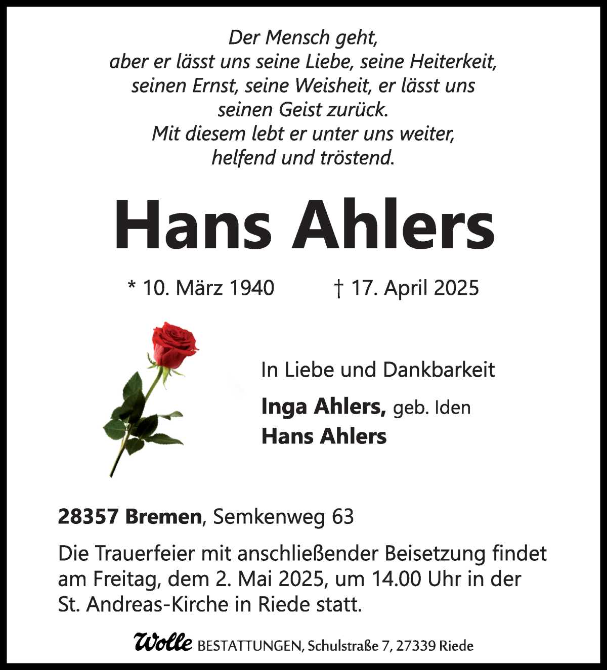 Traueranzeige von Hans Ahlers von WESER-KURIER