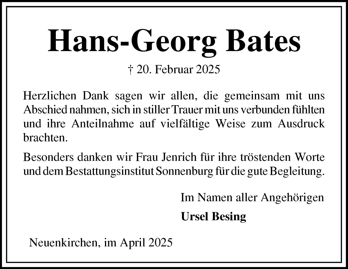 Traueranzeige von Hans-Georg Bates von Die Norddeutsche