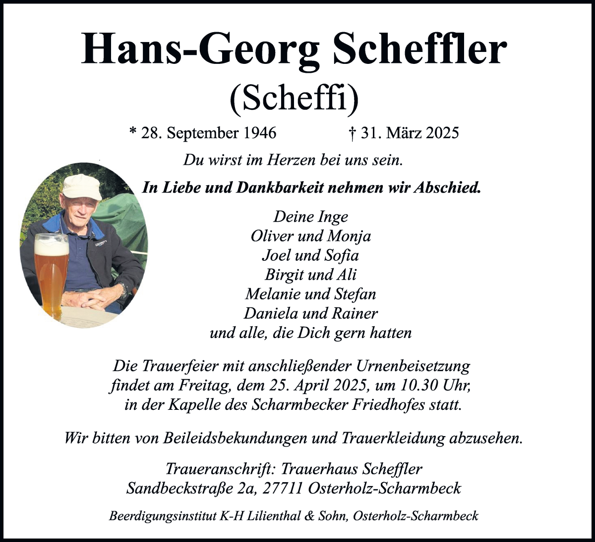 Traueranzeige von Hans-Georg Scheffler von Osterholzer Kreisblatt