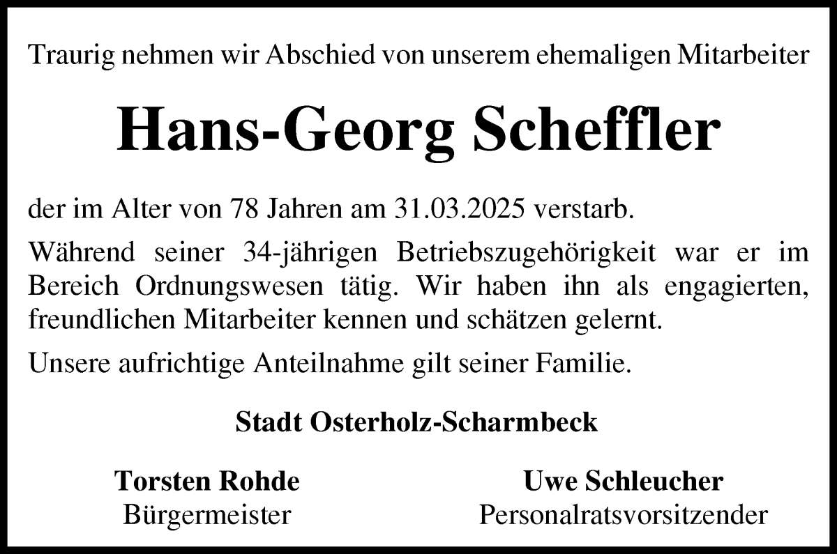 Traueranzeige von Hans-Georg Scheffler von Osterholzer Kreisblatt