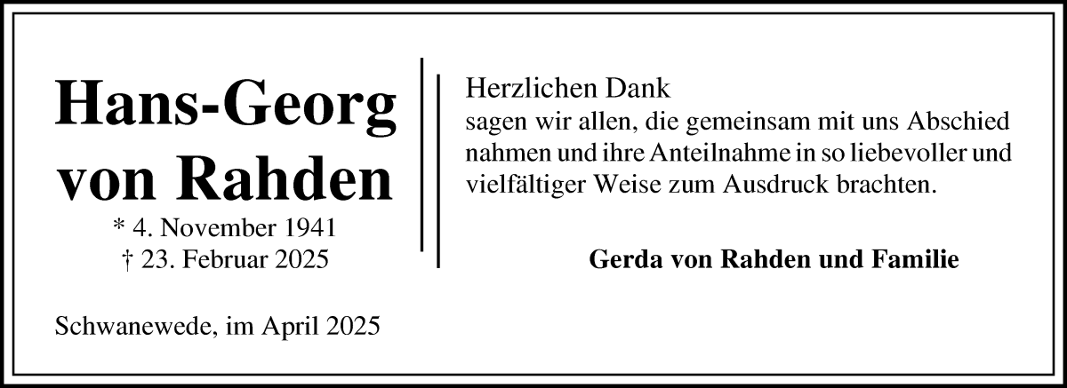 Traueranzeige von Hans-Georg von Rahden von Die Norddeutsche
