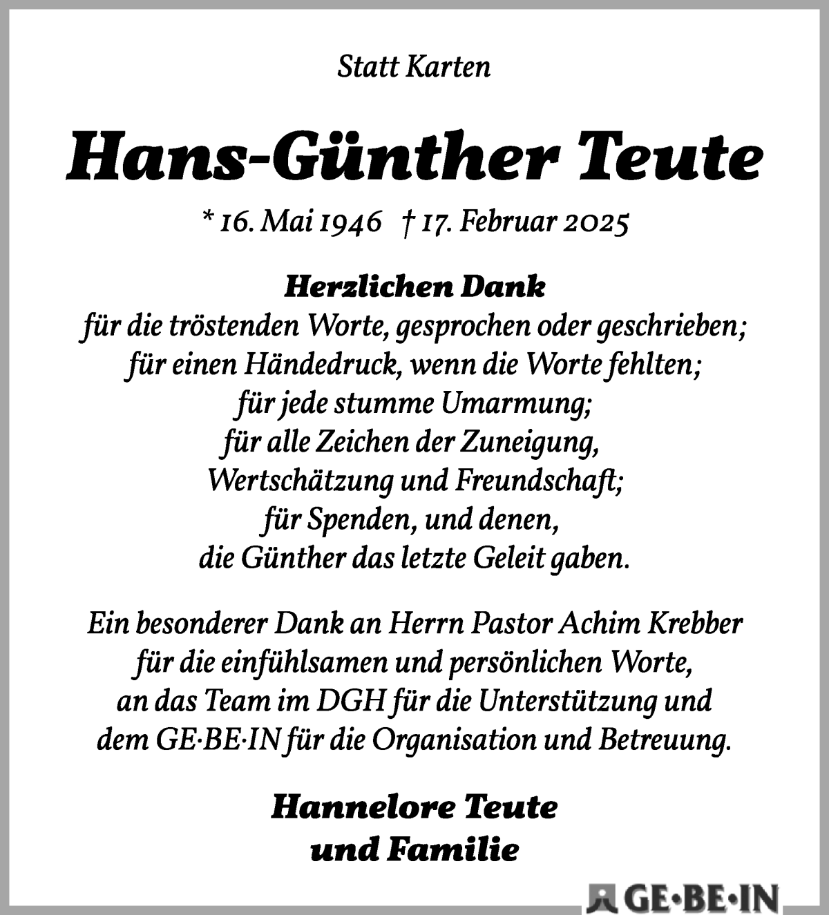 Traueranzeige von Hans-Günther Teute von Osterholzer Kreisblatt