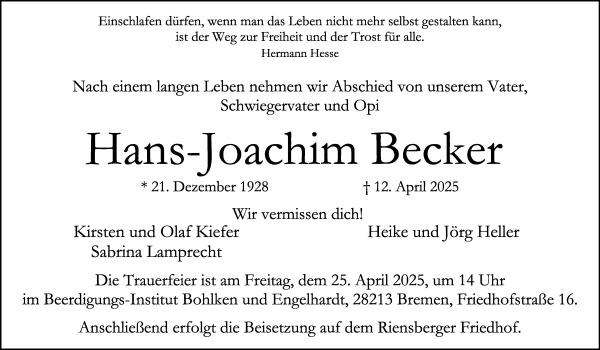 Traueranzeige von Hans-Joachim Becker von WESER-KURIER