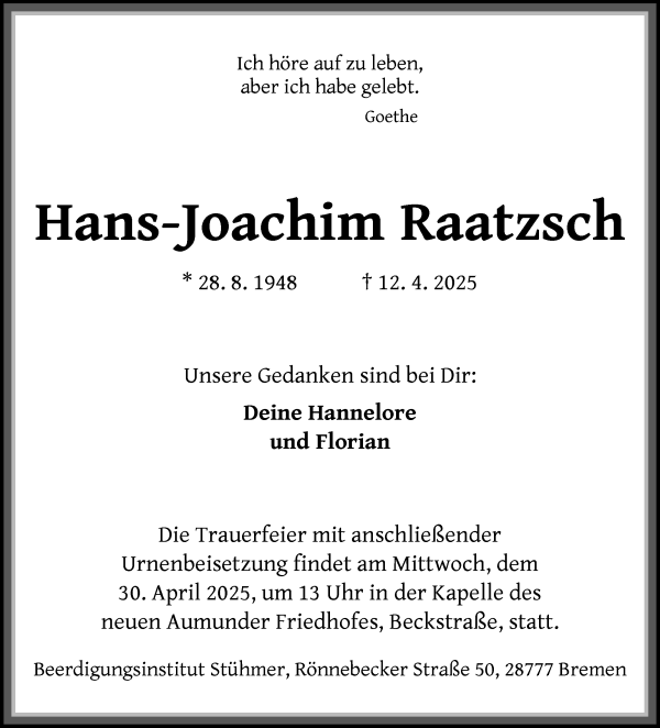 Traueranzeige von Hans-Joachim Raatzsch von WESER-KURIER
