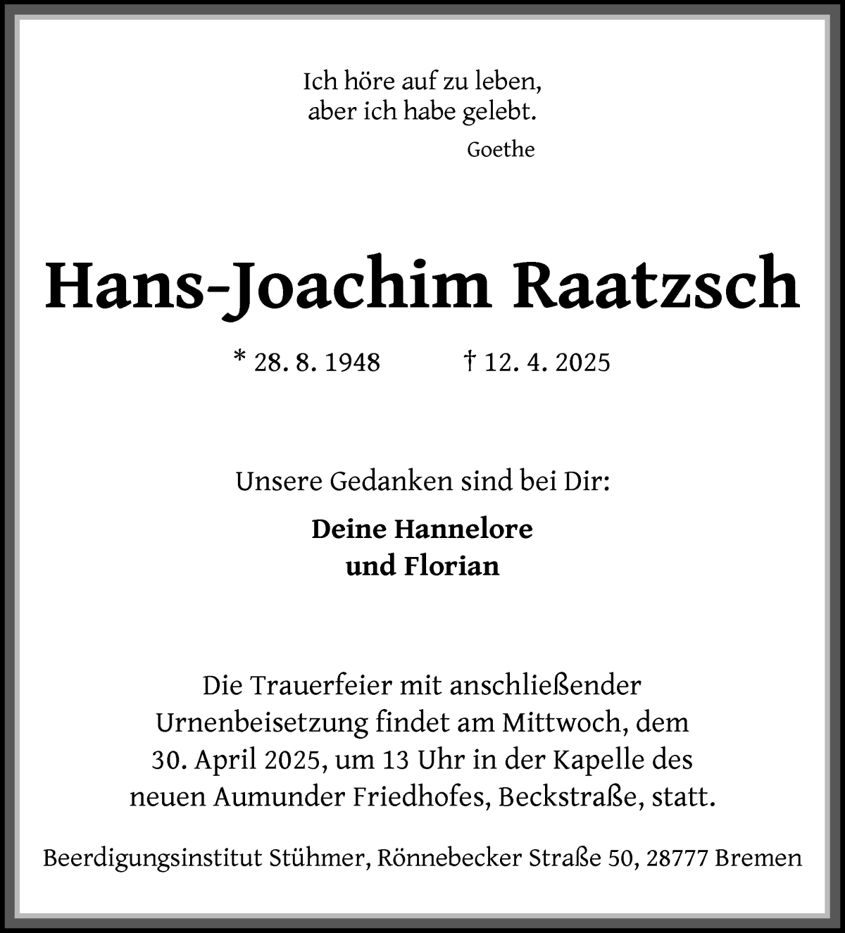 Traueranzeige von Hans-Joachim Raatzsch von WESER-KURIER