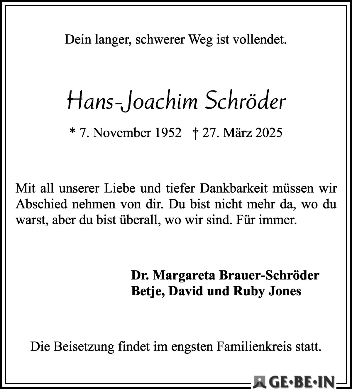 Traueranzeige von Hans-Joachim Schröder von WESER-KURIER