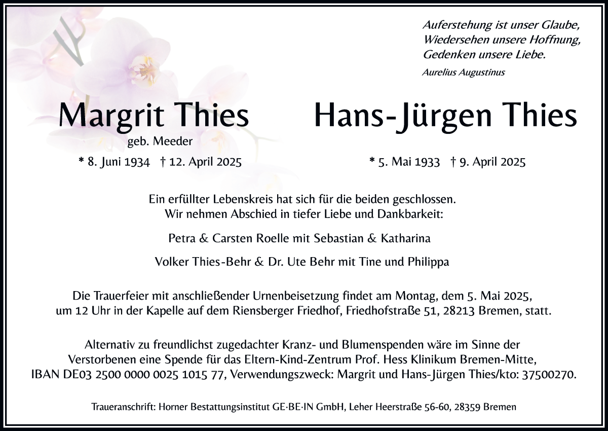 Traueranzeige von Hans-Jürgen und Margrit Thies von WESER-KURIER