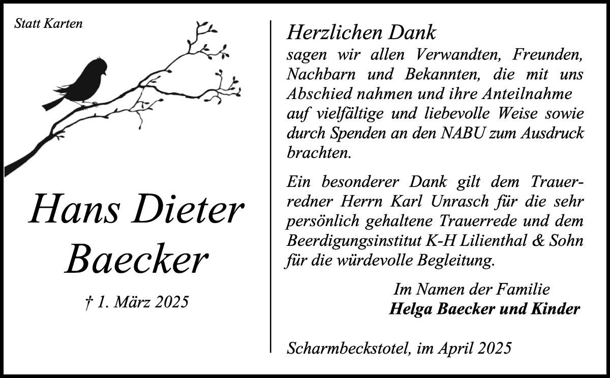 Traueranzeige von Hans Dieter Baecker von Osterholzer Kreisblatt