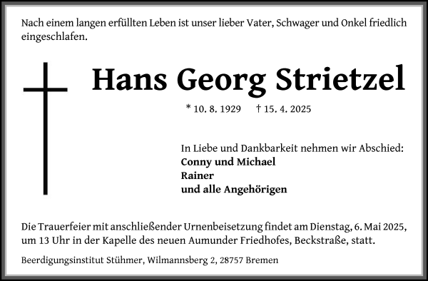 Traueranzeige von Hans Georg Strietzel von WESER-KURIER