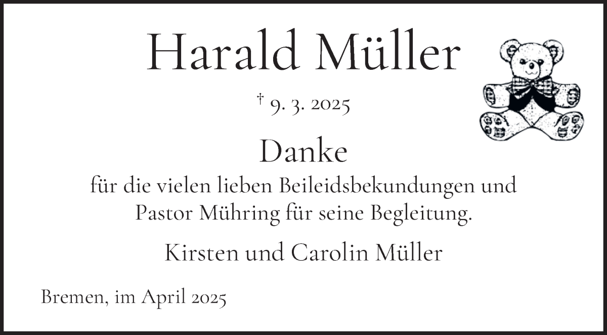 Traueranzeige von Harald Müller von WESER-KURIER