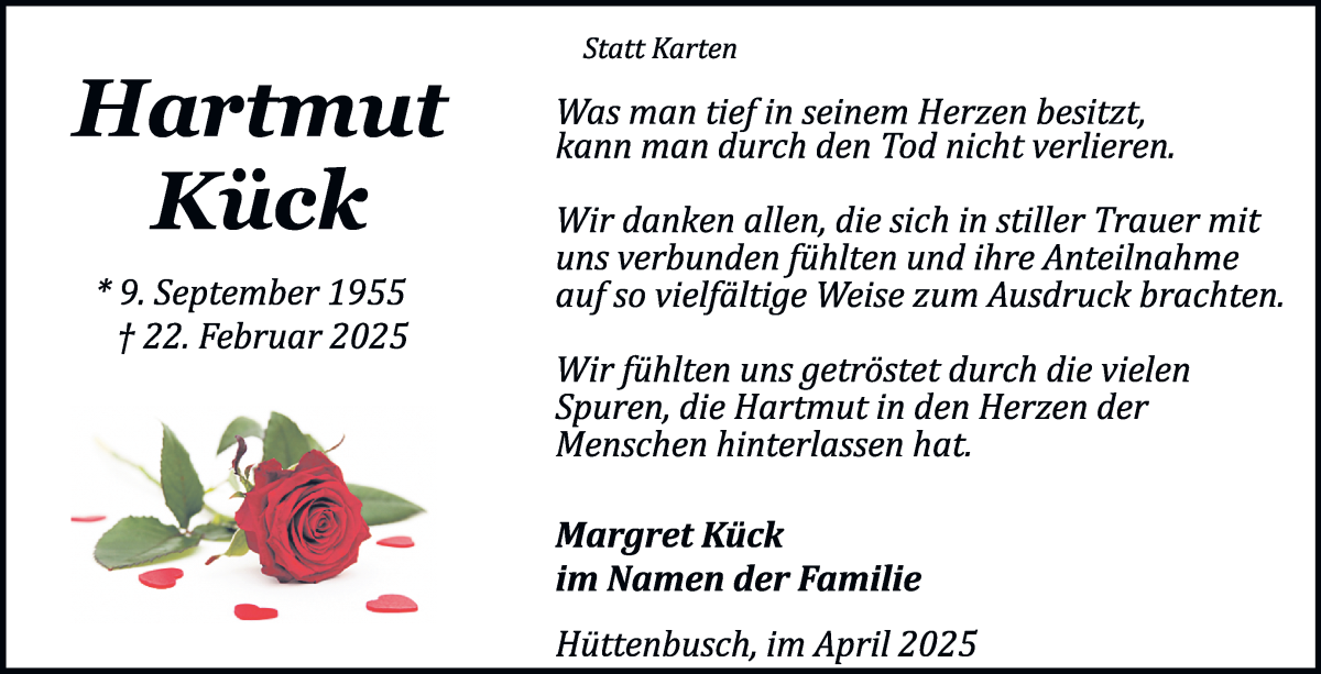Traueranzeige von Hartmut Kück von Wuemme Zeitung
