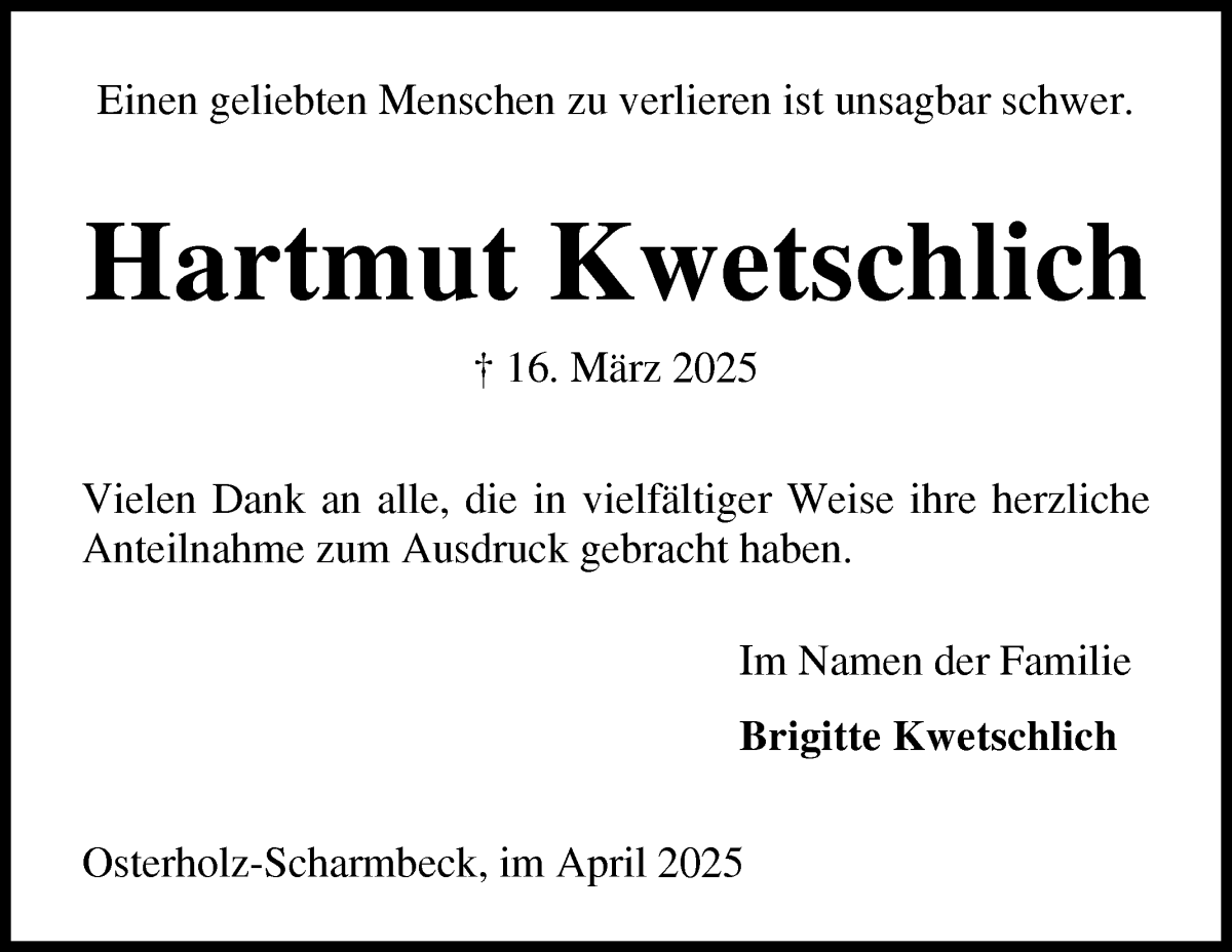 Traueranzeige von Hartmut Kwetschlich von Osterholzer Kreisblatt