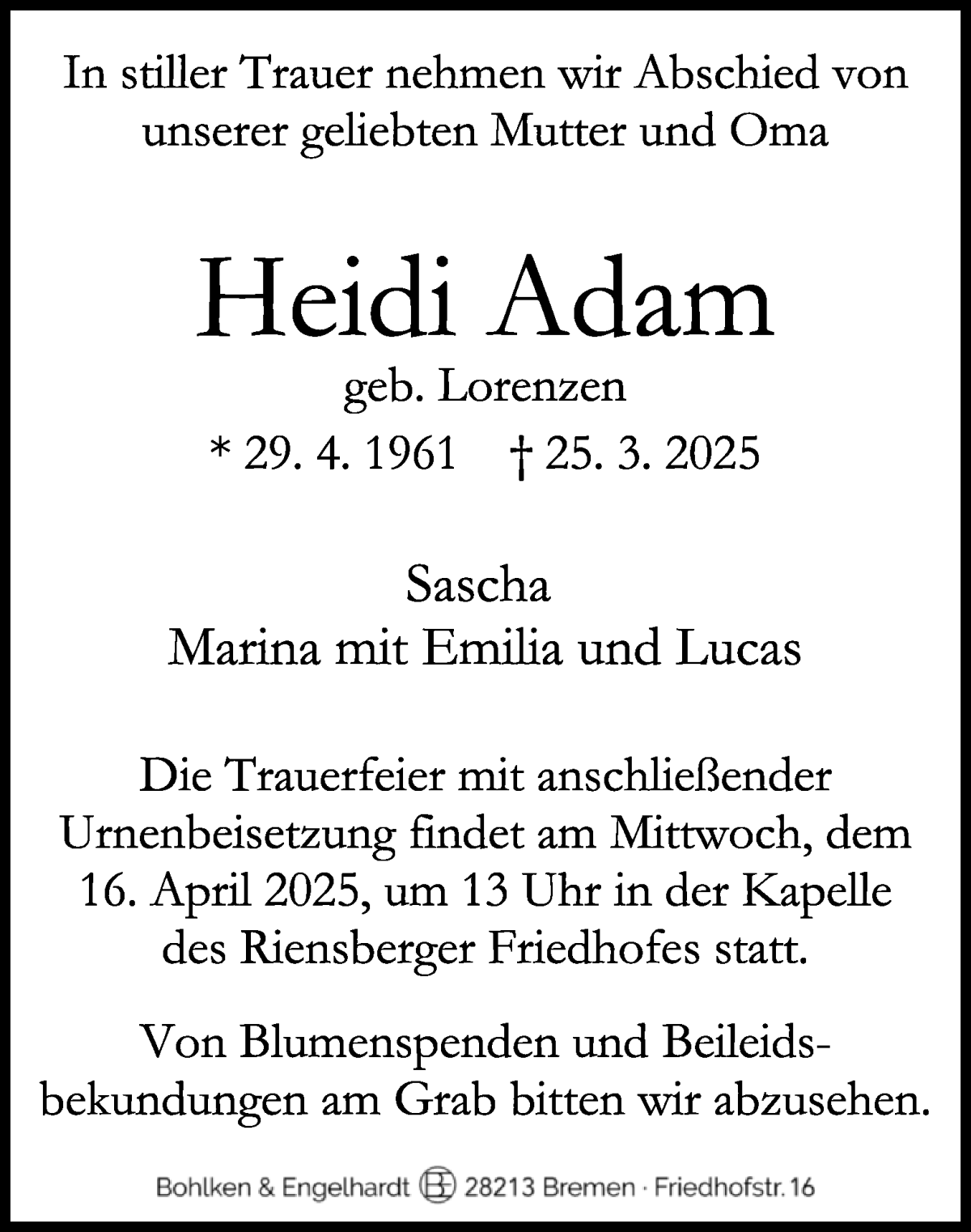 Traueranzeige von Heidi Adam von WESER-KURIER