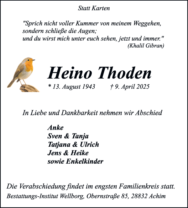 Traueranzeige von Heino Thoden von Achimer Kurier/Verdener Nachrichten
