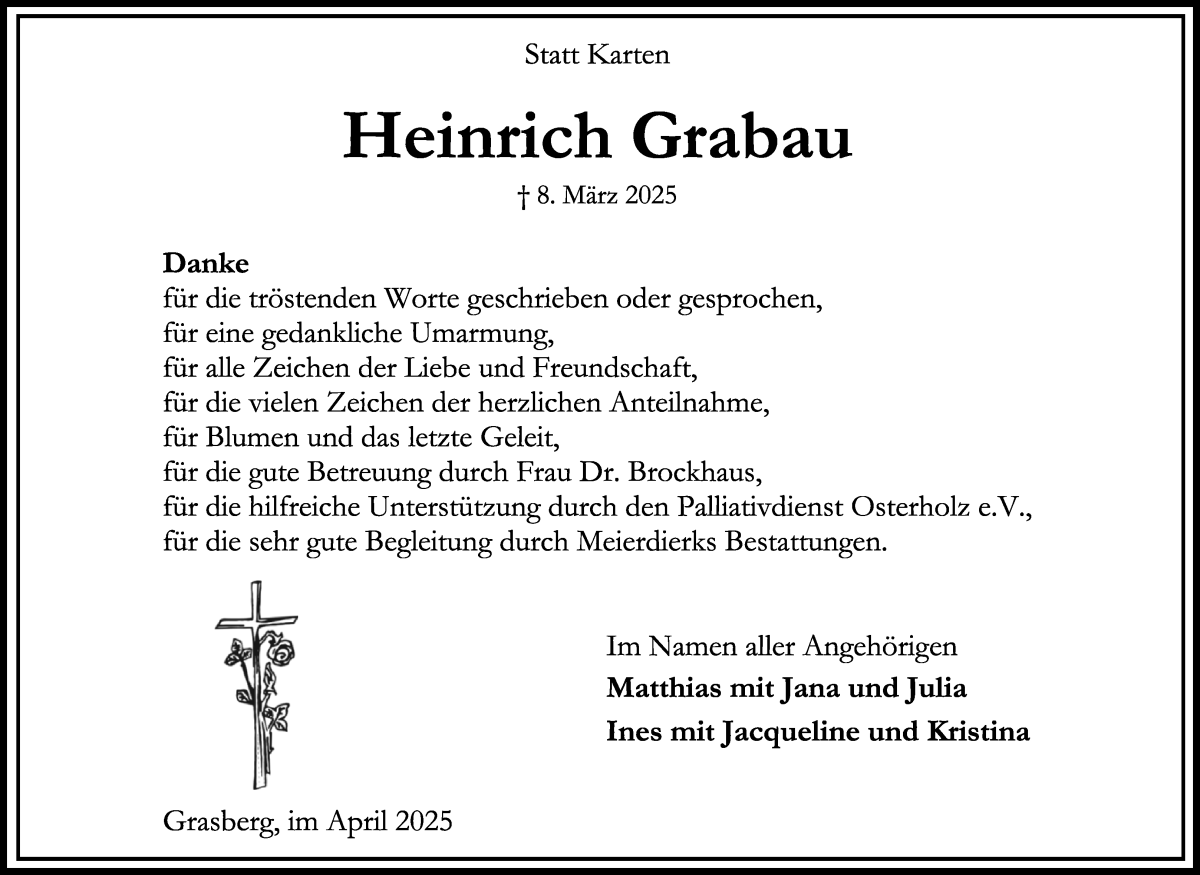 Traueranzeige von Heinrich Grabau von Wuemme Zeitung