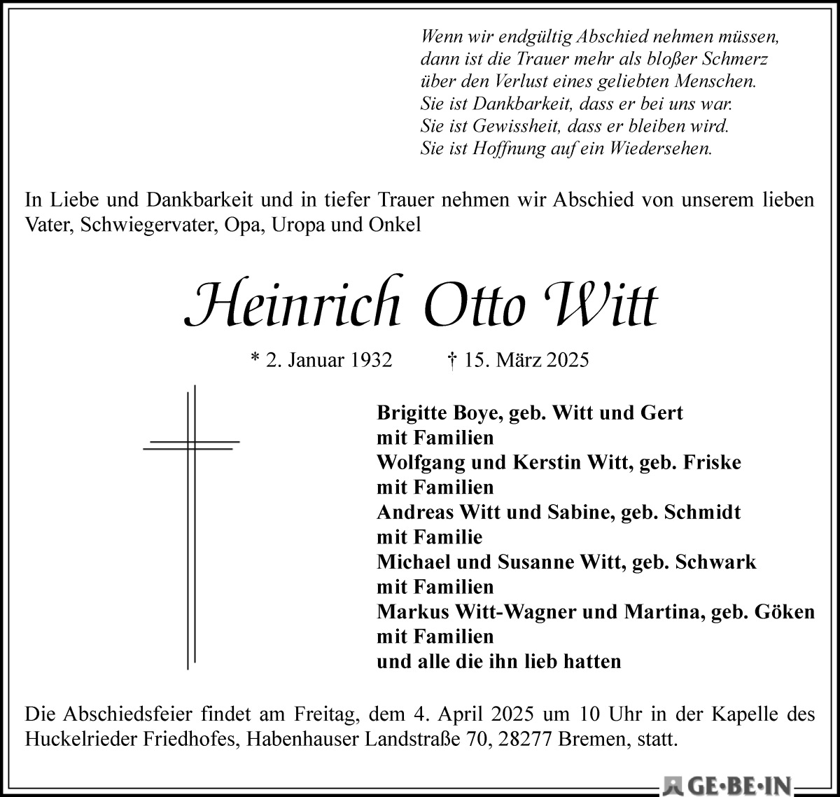 Traueranzeige von Heinrich Otto Witt von WESER-KURIER