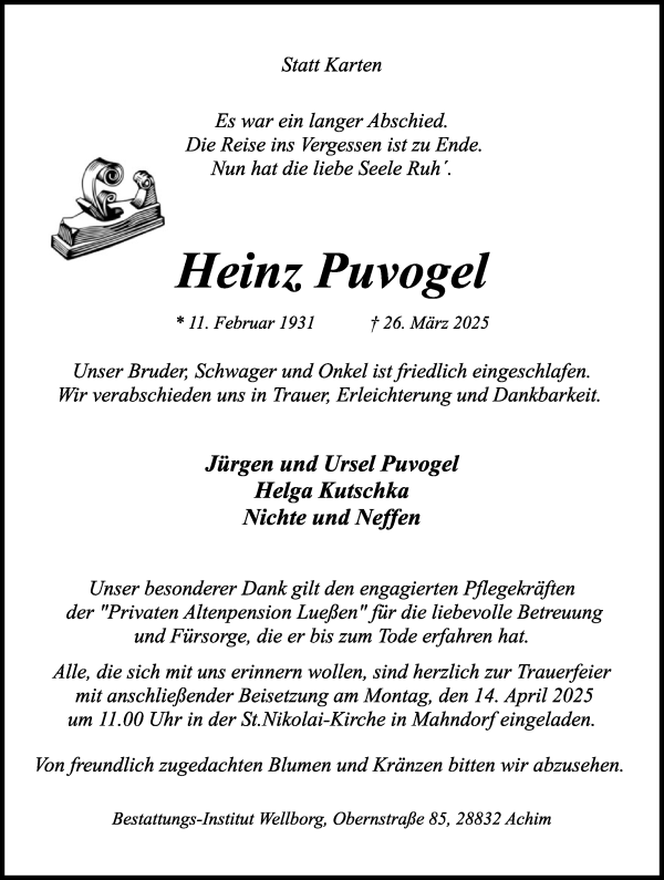 Traueranzeige von Heinz Puvogel von WESER-KURIER