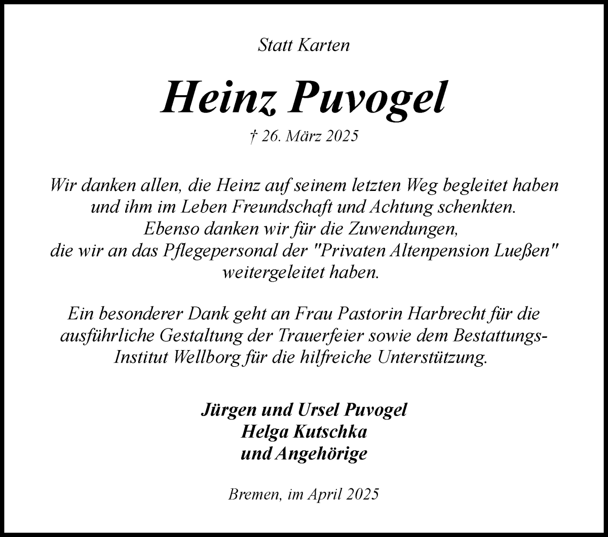 Traueranzeige von Heinz Puvogel von WESER-KURIER