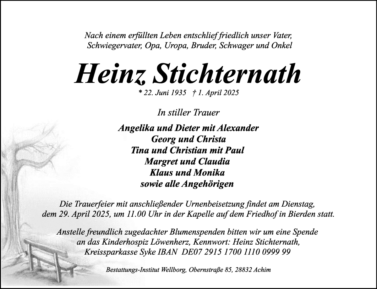 Traueranzeige von Heinz Stichternath von Achimer Kurier/Verdener Nachrichten