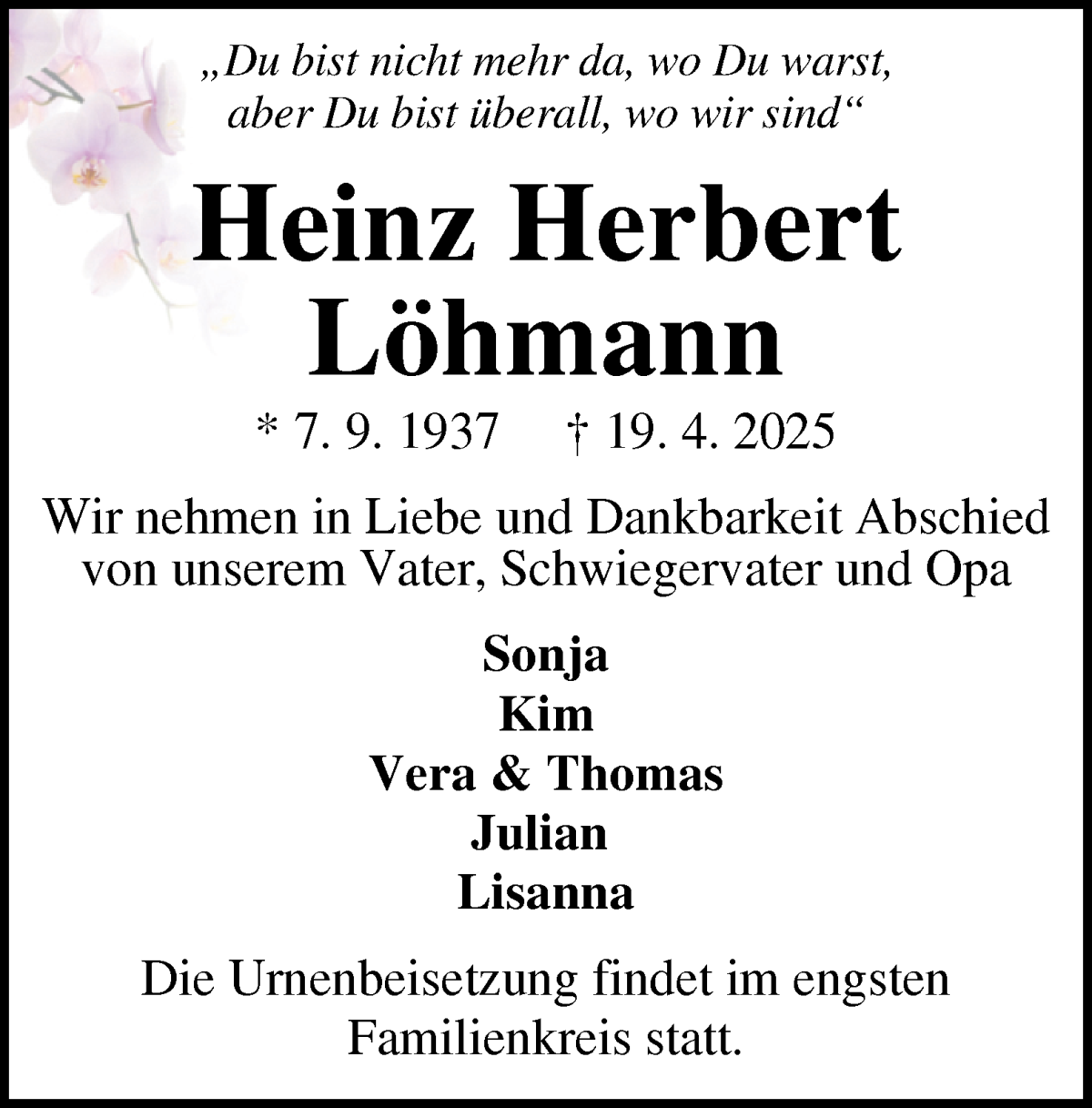 Traueranzeige von Heinz Herbert Löhmann von WESER-KURIER
